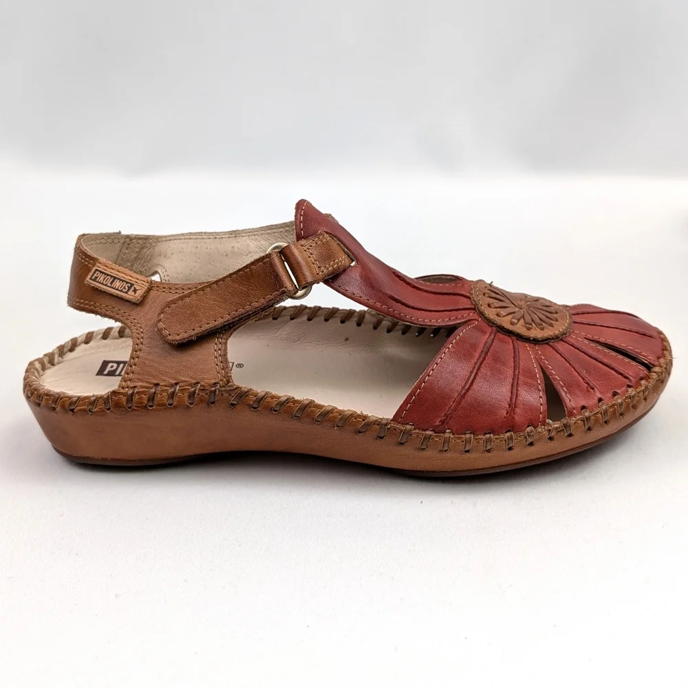 Pikolinos Puerto Vallarta Sandals Leather Slingback Closed Toe Red Tan EU 37